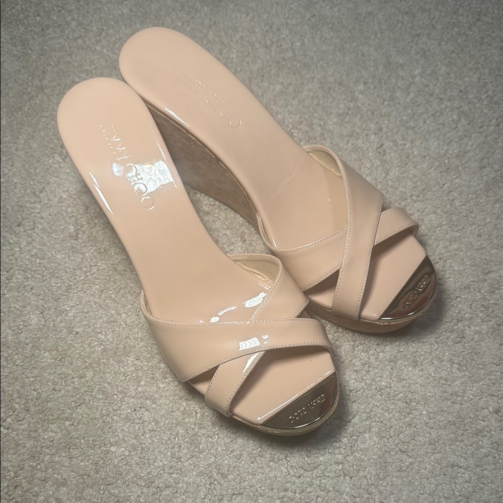 Jimmy Choo Cream Wedge Sandals with Crisscross Straps